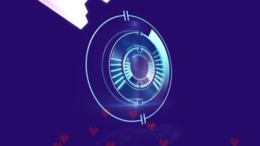 Kapsam taramasında wow metninin animasyonu ve mavi arkaplanda kalpler. Sosyal medya ve iletişim arayüzü kavramı dijital olarak oluşturulmuş video.