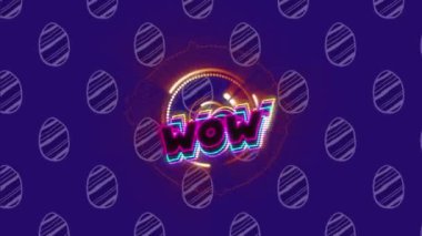 Kapsamlı tarama ve mavi arkaplanda yumurta simgeleri üzerinde wow metninin animasyonu. Sosyal medya ve iletişim arayüzü kavramı dijital olarak oluşturulmuş video.