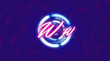 Kapsamlı tarama ve mavi arkaplanda şeker ikonları üzerinde wow metin animasyonu. Sosyal medya ve iletişim arayüzü kavramı dijital olarak oluşturulmuş video.