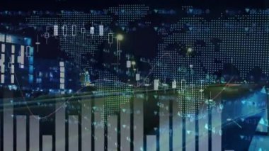 Şehir manzarası ve trafik üzerindeki finansal verilerin ve grafiklerin animasyonu. finans, ekonomi, teknoloji ve dijital arayüz dijital olarak oluşturulmuş video.