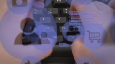 Teknoloji simgelerinin klavyede yazan beyaz adam üzerinde canlandırılması. ticari, ağ, bağlantılar, teknoloji ve dijital arayüz dijital olarak oluşturulmuş video.
