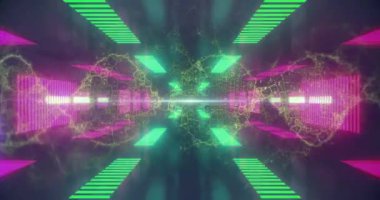 Siyah ve yeşil arka planda dalgaların üzerinde hareket eden neon ışıklarının animasyonu. renk, hareket ve dijital arayüz kavramı dijital olarak oluşturulmuş video.