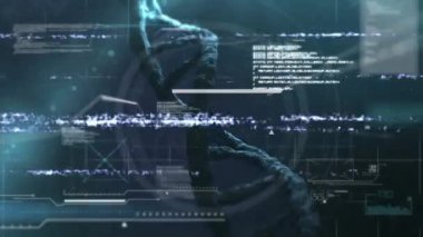 Donanma arkaplanındaki DNA zincirindeki bozukluk ve çeşitli verilerin animasyonu. Bilim, insan biyolojisi, teknoloji ve dijital arayüz konsepti dijital olarak oluşturulmuş video.