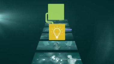 Yeşil arka planda biyolojik verileri olan ekranlar üzerinde teknoloji simgelerinin canlandırılması. Bilim, insan biyolojisi, teknoloji ve dijital arayüz konsepti dijital olarak oluşturulmuş video.