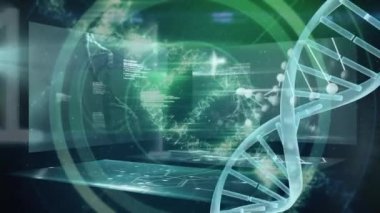 İkili kodların animasyonu ve DNA zinciri üzerinden ekranlı yeşil zemin üzerinde çeşitli veriler. Bilim, insan biyolojisi, teknoloji ve dijital arayüz konsepti dijital olarak oluşturulmuş video.