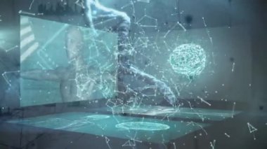 Biyolojik veri ve DNA zinciri ile ekranların üzerinde yüzen bağlantıların animasyonu. Bilim, insan biyolojisi, teknoloji ve dijital arayüz konsepti dijital olarak oluşturulmuş video.