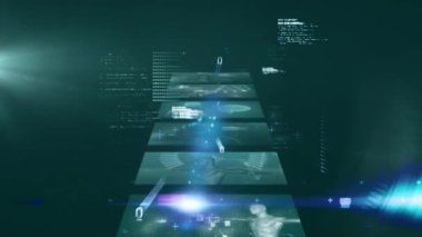 Çeşitli biyolojik verilerle hareket eden ekranların üzerinde veri işleme animasyonu. Bilim, insan biyolojisi, teknoloji ve dijital arayüz konsepti dijital olarak oluşturulmuş video.