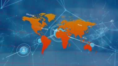 Değişen numaralar ve dünya haritası üzerinden bağlantı ağının animasyonu. küresel bağlantılar, ağ oluşturma ve iş konsepti dijital olarak oluşturulmuş video.