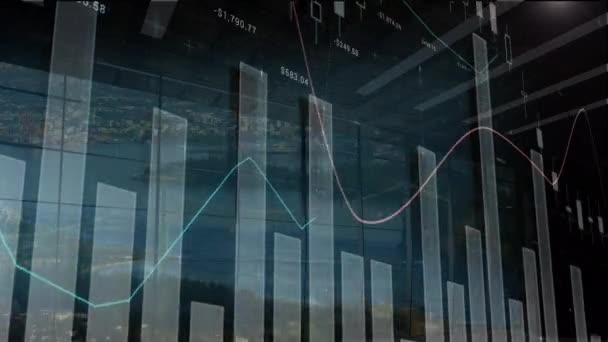 Animação Dados Financeiros Gráficos Sobre Paisagem Finanças Economia Tecnologia Interface — Vídeo de Stock