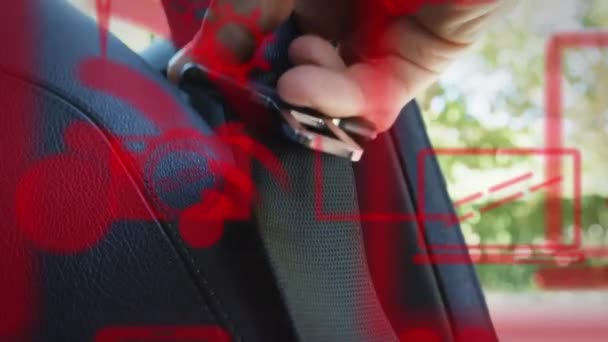 자동차 벨트를 코카서스 남자의 아이콘을 애니메이션 네트워크 디지털 인터페이스 디지털 — 비디오