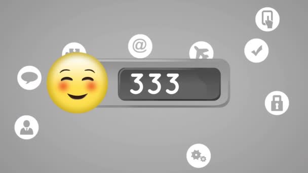 Animatie Van Lachende Emoticon Toenemende Aantallen Technologie Pictogrammen Grijze Achtergrond — Stockvideo