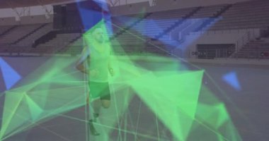Stadyumda çalışan beyaz erkek üzerinde geometrik şekillerin canlandırılması. Spor stadyumunda profesyonel atlet eğitimi.