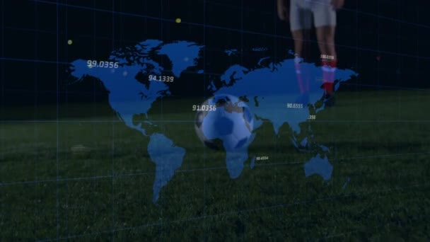 Animación Gráficos Datos Sobre Piernas Futbolista Caucásico Estadio Finanzas Economía — Vídeo de stock