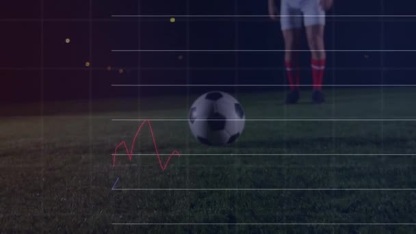 Animación Gráficos Datos Sobre Pelota Piernas Futbolista Caucásico Estadio Finanzas — Vídeo de stock
