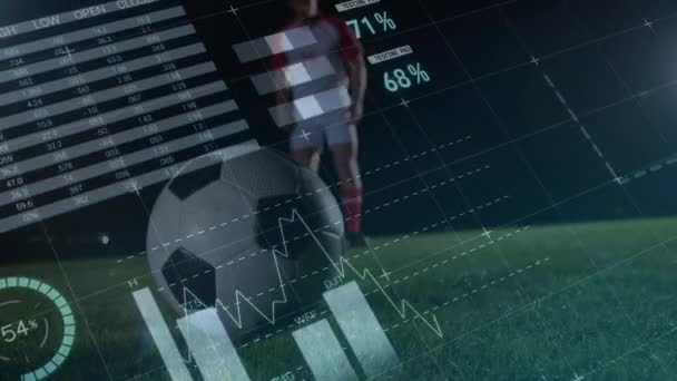 Animace Grafů Dat Přes Míč Nohy Bělošského Fotbalisty Stadionu Finance — Stock video