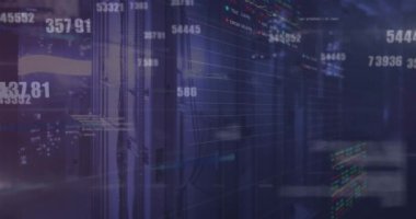 Sunucu odasında veri işleme animasyonu. küresel iş, finans, bağlantılar ve dijital arayüz konsepti dijital olarak oluşturulmuş video.