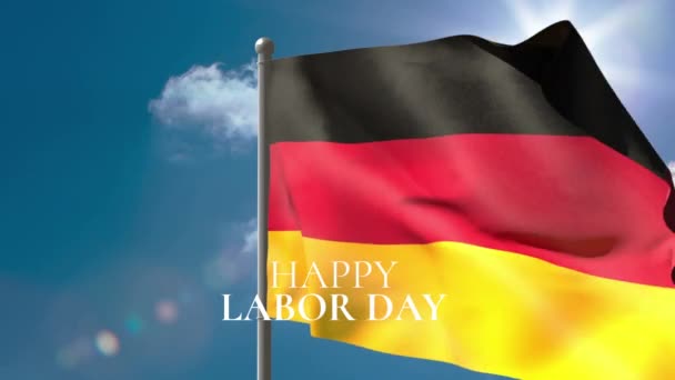 Анімація Щасливого Тексту Робочого Дня Над Прапором Німеччини Хмар День — стокове відео