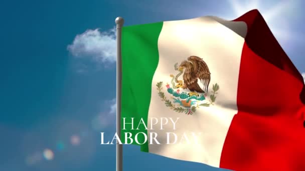 欢愉的劳动节文字在墨西哥国旗和云彩上飘扬 劳动节和数字视频制作的庆祝概念 — 图库视频影像