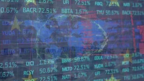 Animación Datos Financieros Red Conexiones Sobre Mapa Mundial Globo Bandera — Vídeos de Stock
