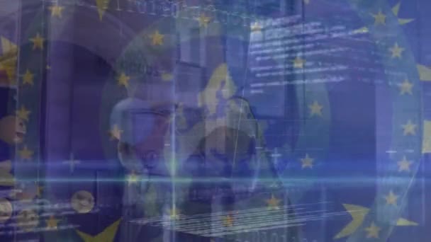 Animation Diverser Daten Schwimmender Emoticons Und Der Flagge Der Europäischen — Stockvideo