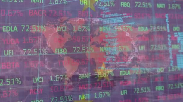 Animação Dados Financeiros Informáticos Sobre Bandeira União Europeia Mapa Mundo — Vídeo de Stock