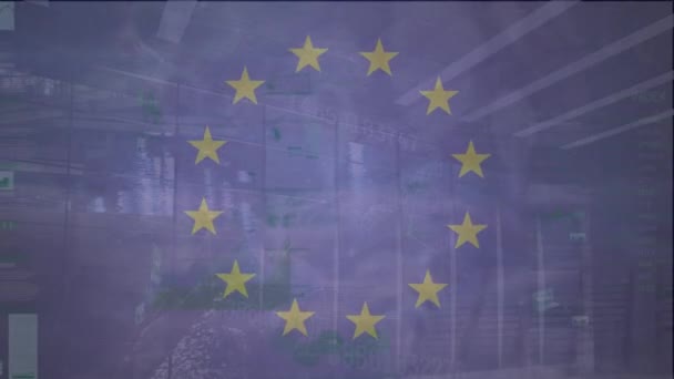 Animación Datos Diversos Bandera Unión Europea Sobre Servidores Economía Europea — Vídeos de Stock