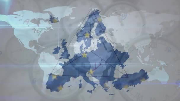Avrupa Birliği Bayrağı Dünya Saat Haritası Üzerinde Hareket Eden Harflerin — Stok video