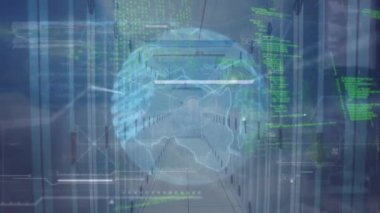 Sunucular üzerinde dönen bağlantılar, veri işleme ve dünya animasyonları. küresel ağ, bağlantılar ve veri işleme konsepti dijital olarak oluşturulmuş video.