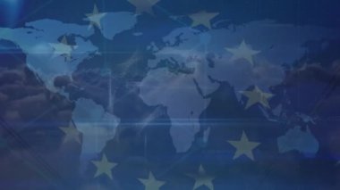 Dünya haritasında üçgenlerin ve dairelerin canlandırılması ve kutuplarda Avrupa Birliği bayrağı. ekonomi, enerji ve Avrupa siyaseti kavramı dijital olarak oluşturulmuş video.