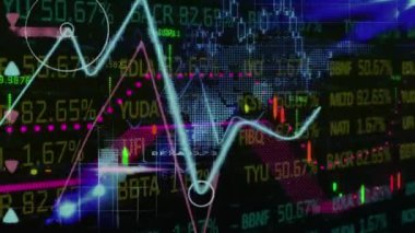 Finansal verilerin dijital ekranda çeşitli bilgilerle canlandırılması. küresel bağlantılar, finans, teknoloji ve dijital arayüz konsepti dijital olarak oluşturulmuş video.