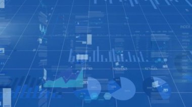 Mavi dijital ekranda işlenen çeşitli veri ve grafiklerin canlandırılması. küresel bağlantılar, teknoloji ve dijital arayüz konsepti dijital olarak oluşturulmuş video.