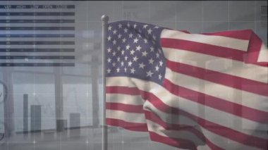 ABD bayrağı dalgalanırken finansal verilerin ve grafiklerin animasyonu. küresel ekonomi, finans, politika ve ülkelerin konsepti dijital olarak oluşturulmuş video,.