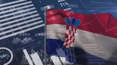 Hırvat bayrağı dalgalanırken finansal verilerin ve grafiklerin animasyonu. küresel ekonomi, finans, politika ve ülkelerin konsepti dijital olarak oluşturulmuş video,.