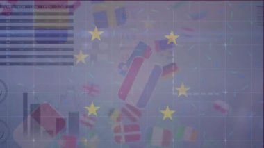 Animation of diverse financial data and graphs over floating diverse flags. european economy, finance, politics and technology concept digitally generated video.