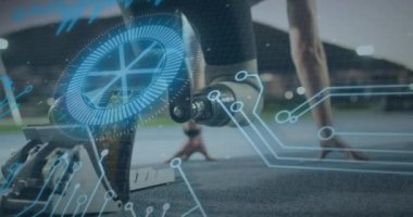 Engelli Kafkas sporcusu üzerinde veri işleme animasyonu. global spor ve dijital arayüz konsepti dijital olarak oluşturulmuş video.