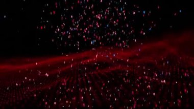 Animation of confetti and spots on black background. global science and digital interface concept digitally generated video.