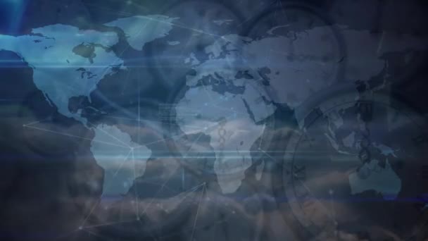 Animering Världskarta Rörliga Klockor Och Databehandling Globalt Nätverk Anslutningar Databehandling — Stockvideo