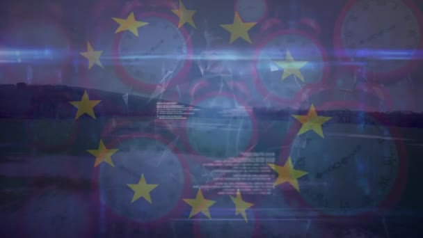 Animación Datos Diversos Bandera Unión Europea Sobre Relojes Móviles Economía — Vídeo de stock