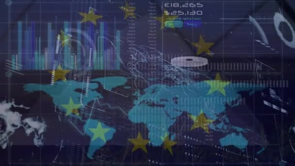 Animação Dados Financeiros Bandeira União Europeia Sobre Mapa Mundo Conceito — Vídeo de Stock