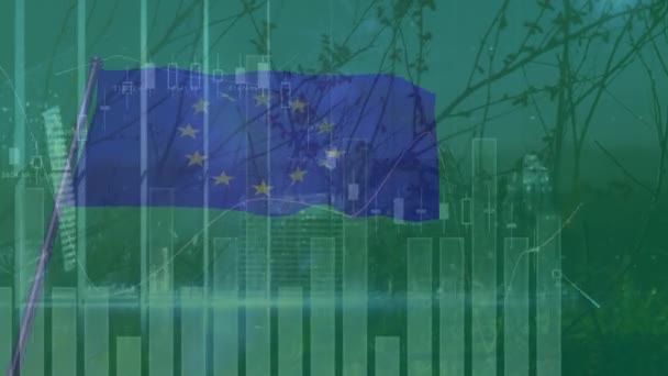 Animation Données Financières Drapeau Syndical Européen Sur Paysage Vert Économie — Video