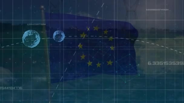 Animacja Połączeń Globusów Flagi Unii Europejskiej Nad Krajobrazem Biegunami Koncepcja — Wideo stockowe