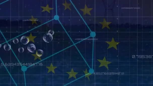Animation Diverser Daten Über Globen Verbindungen Europaflagge Über Strommasten Wirtschaft — Stockvideo