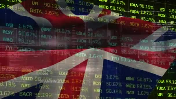 Animation Von Finanzdaten Und Grafiken Über Wehender Britischer Flagge Weltwirtschaft — Stockvideo