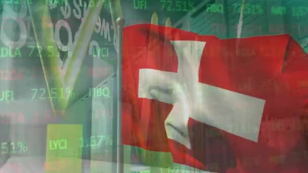 Animace Finančních Údajů Grafů Nad Vlnící Vlajkou Švýcarska Globální Ekonomika — Stock video