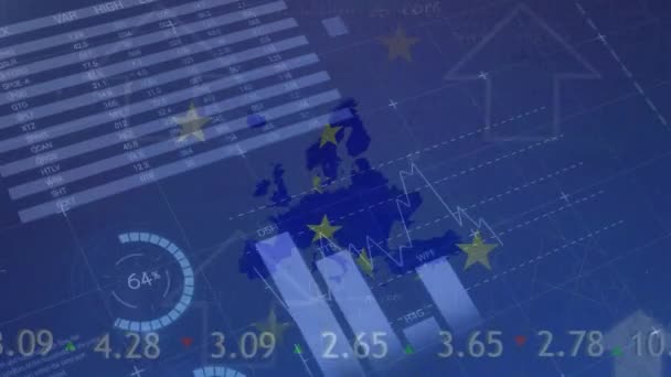 Animation Diverse Financial Data Graphs European Union Flag World Map — Stock videók