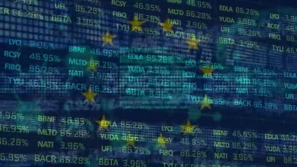 Animación Diversos Datos Financieros Gráficos Sobre Bandera Unión Europea Economía — Vídeos de Stock