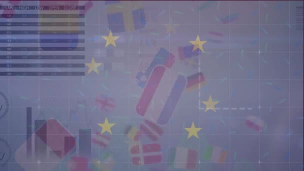 Animation Diverse Financial Data Graphs Floating Diverse Flags European Economy — Stock videók
