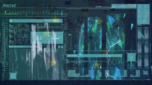 欧州連合旗で画面上の多様なデータ処理のアニメーション 欧州経済 テクノロジーの概念がデジタルで生成されたビデオ — ストック動画