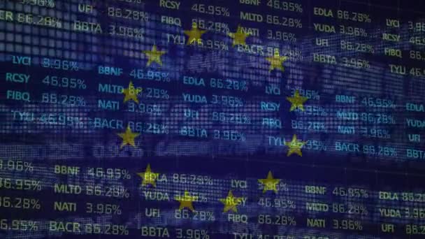 Avrupa Birliği Bayrağı Üzerinde Çeşitli Finansal Verilerin Grafiklerin Animasyonu Avrupa — Stok video