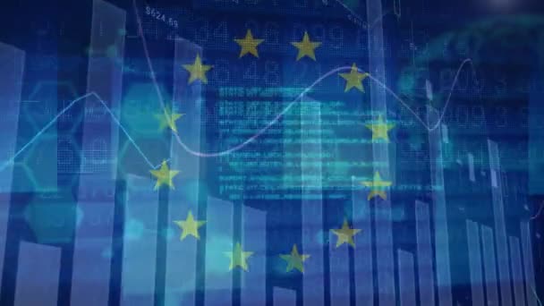 Animación Diversos Datos Financieros Científicos Gráficos Sobre Bandera Unión Europea — Vídeo de stock